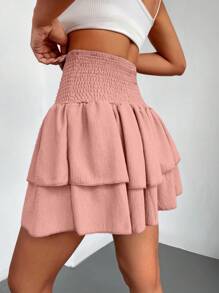 SHEIN Petite Size Summer Casual Solid Color High Waist Mini Skirt - Pink - View 2
