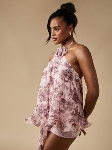 MISSGUIDED Toile Print Halter Top Summer Ruffle Detail Flowy Vacation Holiday Evening Cami With Floral Rose Accent - Multicolor - View 5