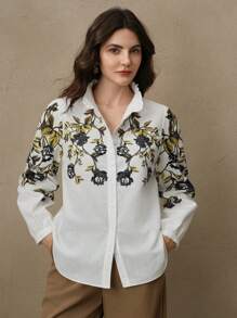 Anewsta 女士优雅度假数码印花立领时尚长袖衬衫女士衬衫优雅优雅女士衬衫和衬衫真丝衬衫工作衬衫