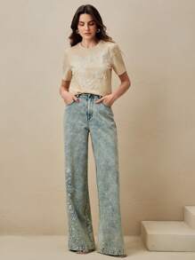 Anewsta 女式花卉刺绣宽松圆领T恤，夏季 - 卡其色 - 查看 5