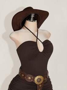 SHEIN ICON 加大码 Y2K 复古波西米亚风棕色不对称下摆荷叶边交叉挂脖修身连衣裙、西部风、节日装 - 棕色 - 查看 6