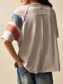 Bohemela Lässiges Colorblock-Rundhals-Raglan-Kurzarm-T-Shirt für Damen