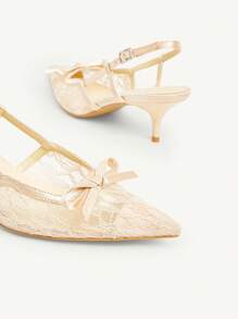 CUCCOO CHICEST 女士香槟色缎面网眼拼接蝴蝶结装饰法式小猫高跟鞋尖头浪漫派对婚礼礼服高跟鞋