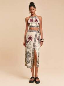 Travachic Woven Fabric Two-Piece Outfit With Crop Halter Top And Arm Sleeves In Striped Design Boho Two Piece Set Two Piece Skirt Set Festival Two Piece Outfit 2 Piece Party Outfits