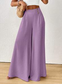 Chiquease Fall Women Clothes Women's Solid Color High Waist Button Design Pleated Wide Leg Loose Pants - Mauve Purple - View 1