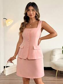 Celure Große Größen Damen Französisch elegantes lässiges sexy Büro romantischer Urlaub einfarbiges Quadrat Ausschnitt offene Vorderseite dekorative Tasche passende 2 in 1 Trägerhemd Mini Kleid für Frühling & Sommer