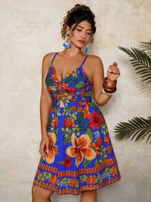 Travachic 大码度假宽松花卉印花扭结镂空吊带连衣裙 - 彩色 - 查看 3