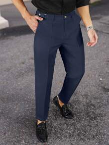 Manfinity Bizformal Naples 男士白色可调节腰部直筒修身正装裤男士西装裤男士西装裤男士正装裤 - 藏蓝色 - 查看 3