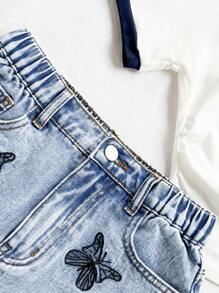 Tween Girls' Summer Casual Light Blue Denim Shorts,Back-To-School Retro Y2K Butterfly Embroidery A-Line Shorts For School,Holiday,Daily Wear,8-12Y - Light Wash - View 6