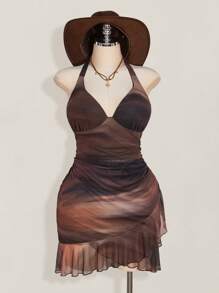 SHEIN ICON 加大码 Y2K 露背领带，荷叶边饰边，性感复古渐变色网眼吊带裙，非常适合度假和夏季 - 彩色 - 查看 3