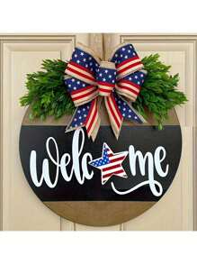 SHEIN 1pc Farmhouse Style Wood Plastic Welcome Door Sign, July 4th Front Door Sign Patriotic Welcome Hanging Decoration, Independence Day Decoration, Outdoor Garden Front Door Sign Hanging, Suitable For Home, Office, Bedroom, Kitchen, Dining Room, Bar Decoration, Room Decor, Home Decor, 30cm/11.81in