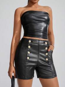 SHEIN Women's Fashionable Double-Breasted Fitted Shorts For Summer - Black - View 3
