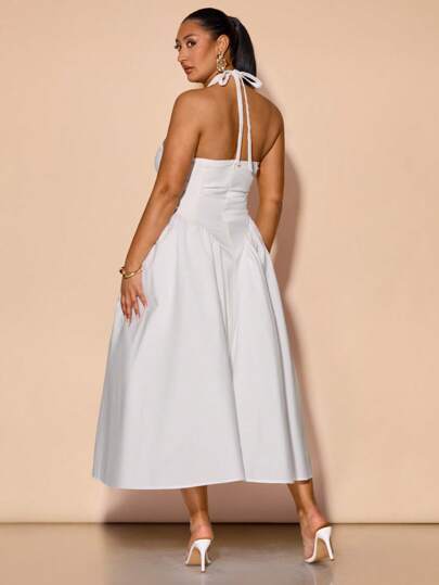 SHEIN BAE Plus Size Women's Long V Neck Drawstring Tie Neck Summer Dress, Flowy, Suitable For Birthday, Party, Date, Graduation,Back To School Girls Clothes,Girls Summer Outfits,Fall Clothes,School Clothes,Halloween,Winter,Y2k Clothes ,Vintage,Vacation Outfits Woman,Plus Size Women Clothes,Summer Dresses For Women,4th Of July Women,All White