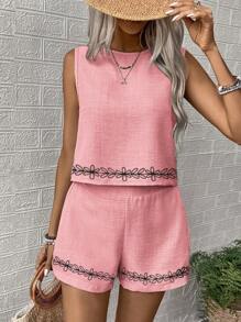 EMERY ROSE Women's Woven Leisure Vacation Summer Two Pieces Set - Pink - View 4