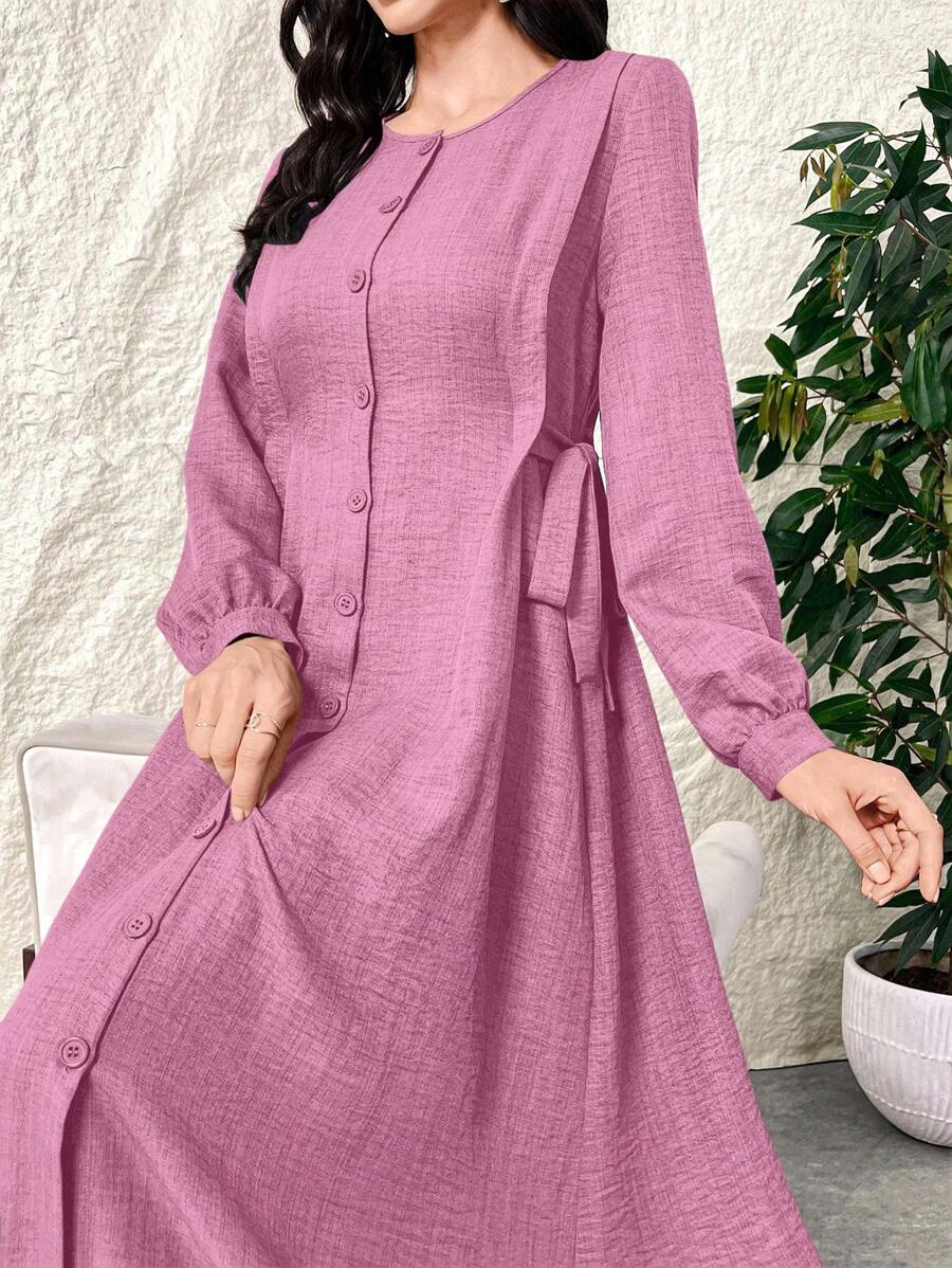 Al Najma Váy Maxi Ả Rập tay đèn lồng màu trơn giản dị mùa xuân & mùa hè dài đến đầu gối, phong cách thanh lịch khiêm tốn cho trang phục thường ngày/công sở/ngày lễ/tiệc tối/khách dự tiệc cưới - Hồng - Xem 1