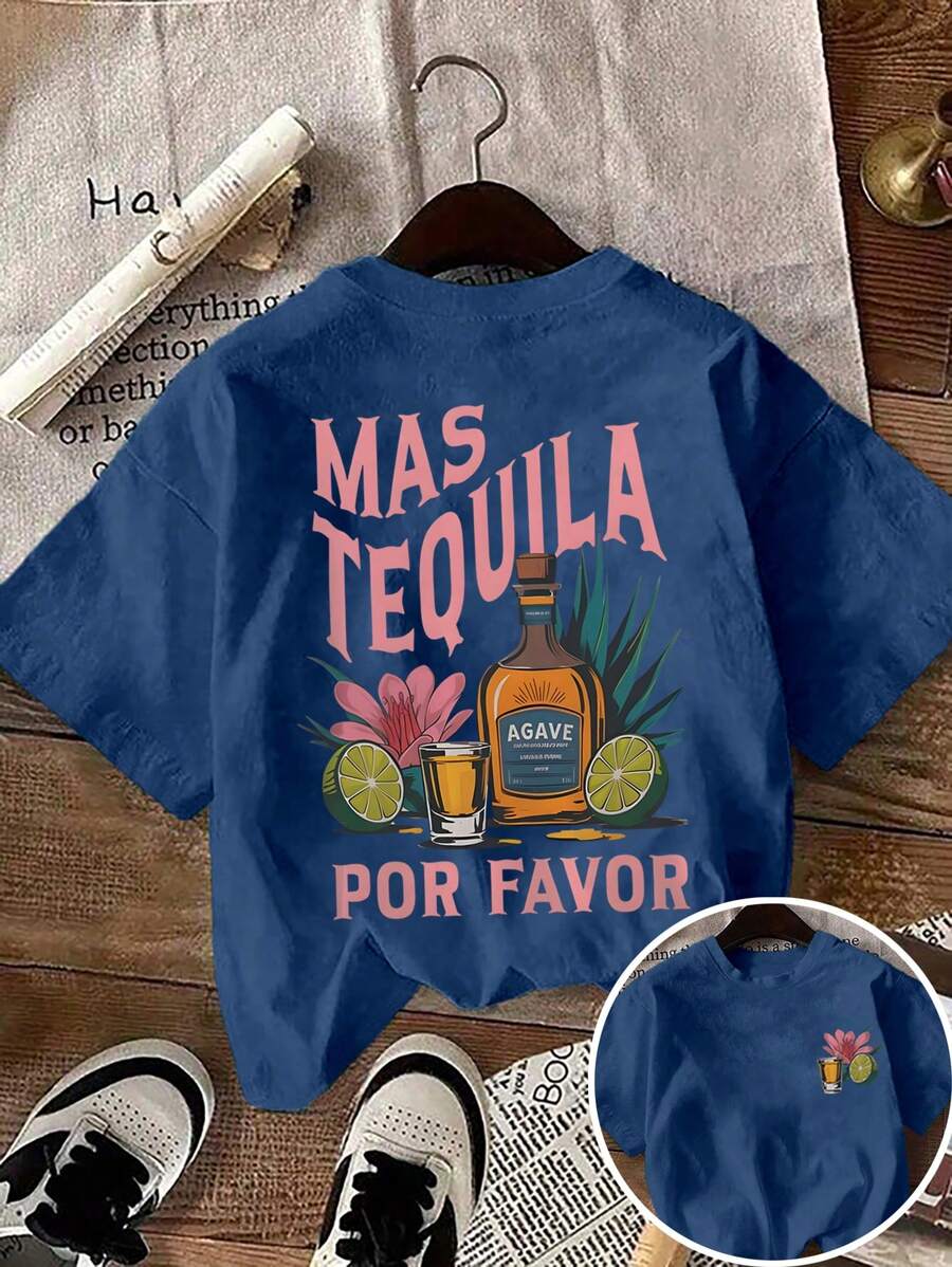 龙舌兰日出鸡尾酒玛格丽塔玻璃饮料柠檬花叶字母印花圆领休闲女式 T 恤，春夏女士运动卫衣 - 藍色 - 查看 1