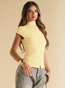 SHEIN BAE 女士秋季纯色立领上衣盖袖单排扣休闲女式上衣，纽扣式女式针织上衣 - 黃色 - 查看 4