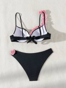 Swim SXY 女士 3D 花卉装饰性感比基尼套装，聚拢带钢圈，夏季海滩 - 黑色 - 查看 2