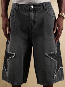 SUMWON Star Rhinestone Denim Jorts Loose Fit Wide Leg Knee Length Festival Street Style Fashion Urban Statement Pants - Black - View 8