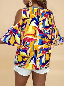 SHEIN VCAY Plus Size Women's Vacation Full Print Off Shoulder Keyhole Neck Fashionable Shirt - Yellow - View 2
