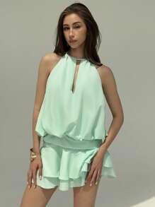 Aloruh Vestido corto de verano para mujer de unicolor con volantes en el bajo y escote halter sexy - verde menta - Ver 4