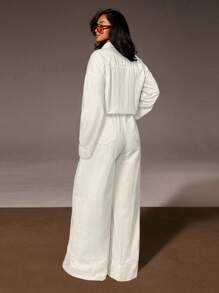 Athîral 女士休闲纯色阔腿牛仔连体裤 - 白色 - 查看 3