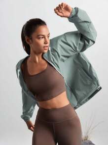 In My Nature 女式拉链立领抽绳连帽休闲夹克 - 墨綠色 - 查看 7