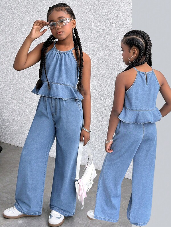 SHEIN 2 Stücke Tween Mädchen Lässig Alltag Urban Boho Mode vielseitig Distressed Crop Top aus Jeans und Loose Fit elastische Taille weite Denim Hose Set, für Mädchen Sommer Biker Jeans Boho Strand Konzert Rave Festival Outfits, Mädchen süße Sommer kurz Abschluss Outfits