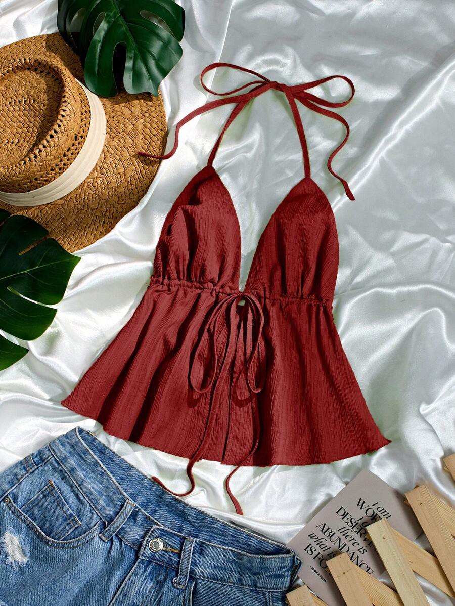 SHEIN Unity 女式绿色抽绳吊带背心，春夏 - 紅色 - 查看 1