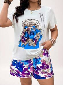 SHEIN LUNE Set estivo casual da 2 pezzi, composto da maglietta con stampa a figura e pantaloncini, per taglie comode