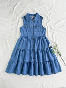 SHEIN Vintaside Kids 青少年女孩夏季无袖翻领时尚高端衬衫式牛仔连衣裙，适合派对、学校活动、生日、旅行和度假 - 藍色 - 查看 2