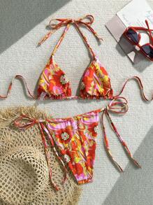 SHEIN 2 件套女士花卉随机印花 V 领露背系带上衣和侧系带三角下装性感泳衣套装，夏季 - 彩色 - 查看 2