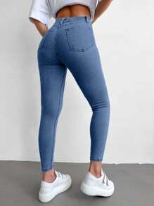 96% Cotton High Waist Skinny Cropped Jeans - Light Wash - View 2