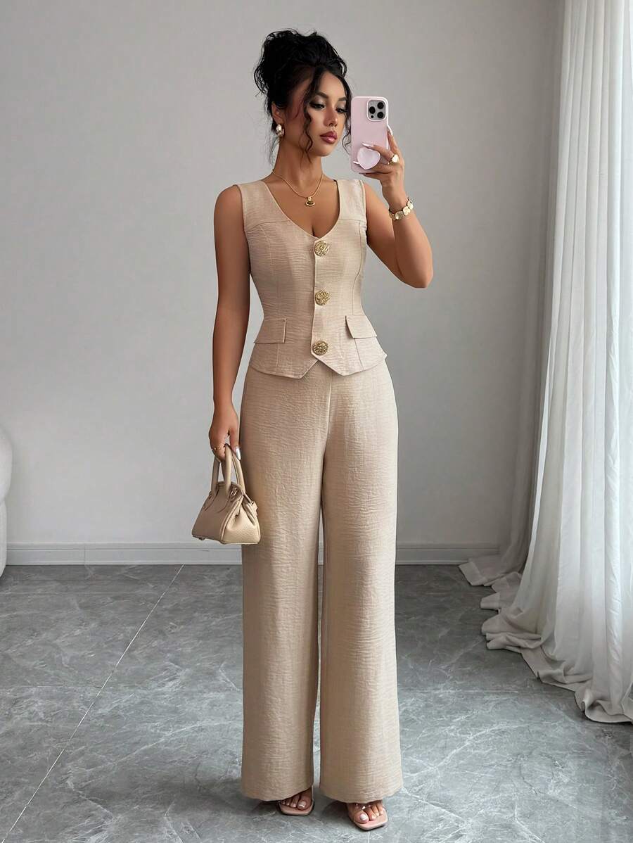 Elenzga Conjunto de 2 piezas de chaleco y pantalones de unicolor elegante para uso diario en verano
