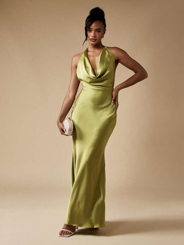 MISSGUIDED Luxury Cowl Neck Maxi Evening Gown Satin Halter Formal Dress Open Back Floor Length Special Occasion Wedding Guest Dress