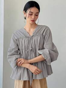 FRIFUL 女士纯色系带蝴蝶结宽松休闲百搭长袖衬衫，节日/度假装 - 灰色 - 查看 6