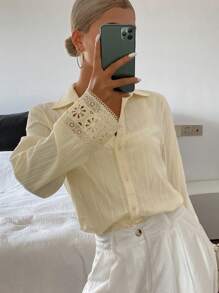 Livesso Áo kiểu nữ tay dài màu vàng kem dáng rộng thoải mái, thích hợp cho mùa hè, đi nghỉ mát. - Màu be - Xem 4