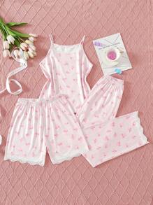 3 pièces/set Top de débardeur et short ou pantalon imprimé papillon minimaliste pour fille ado, ensemble de pyjama casual - Rose bonbon - Voir 5
