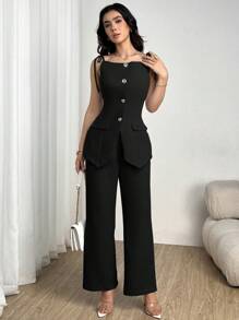 Modelyn 2 pezzi Set da donna, top a canottiera corto verde chiaro annodato e pantaloni a gamba larga