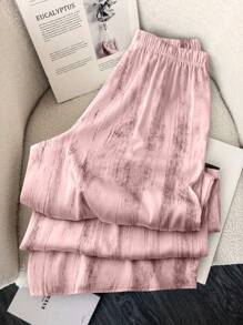 SHEIN LUNE 大码女式优雅松紧腰水墨画印花丝滑直筒裤 - 淺粉色 - 查看 2