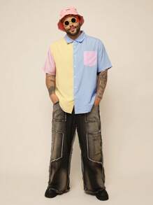 EASEVO Áo sơ mi nam tay ngắn dệt sọc nhiều màu rộng rãi, cài nút cỡ lớn, thích hợp cho mùa hè, đi học - Nhiều màu - Xem 5