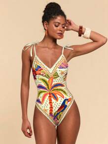 Travachic 1 pieza Traje de baño de una sola pieza sin mangas con estampado de palmera, estilo vacacional para mujer