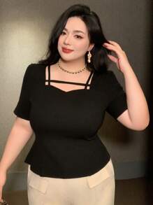 Dazy Plus Solid Color Short Sleeve Asymmetrical Collar Black T-Shirt, Summer