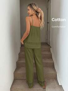Easowa 2pcs Women Lace Patchwork Cotton Camisole And Pants Set, Spring/Summer Cotton Two Pieces Set Comfy Sets Summer Women Summer Outfits For Women Women Casual Outfits - Army Green - View 5