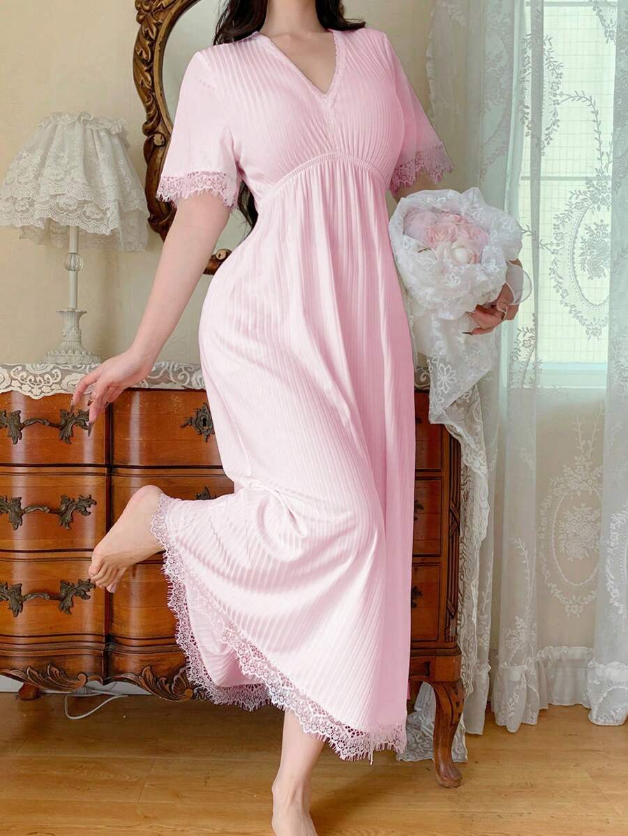 SHEIN 优雅法式蕾丝边宽松女士睡袍 - 粉色 - 查看 1