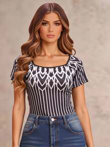 SHEIN LUNE Women's Random Striped Print Square Neck Raglan Short Sleeve T-Shirt - Black - View 4