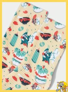 TOM & JERRY X SHEIN Cartoon Pattern Sprout Yellow Cake Kitchen Party Mid-Calf Socks - Yellow - View 3