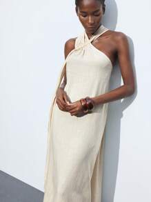 Maija 女式夏季休闲纯色吊带连衣裙 - 杏色 - 查看 6