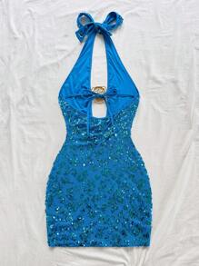 Soleia Aqua Blue Sequin Halter Backless Lace-Up Metallic Decor Mini Dress,Summer 70's Club Night Party Disco Tops For Music Festival,Concert - Blue - View 2