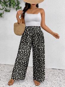 SHEIN Frenchy Plus Size Floral Print Casual Loose Pants, Suitable For Summer - Black - View 4